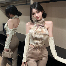 批发实拍实价 纯欲甜辣复古蝴蝶结毛毛拼接挂脖背心冬季短上衣配袖套