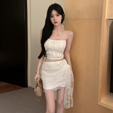 批发实拍实价  纯欲小众设计感裹胸短款上衣<b class='q'>蕾丝</b>飘带包臀<b class='q'>短裙</b>辣妹套装