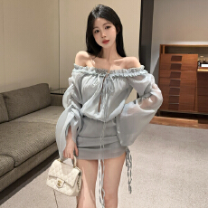 批发实拍实价 纯欲性感<b class='q'>一字肩</b>2026新品褶皱绑带灯笼袖显瘦包臀<b class='q'>连衣裙</b>