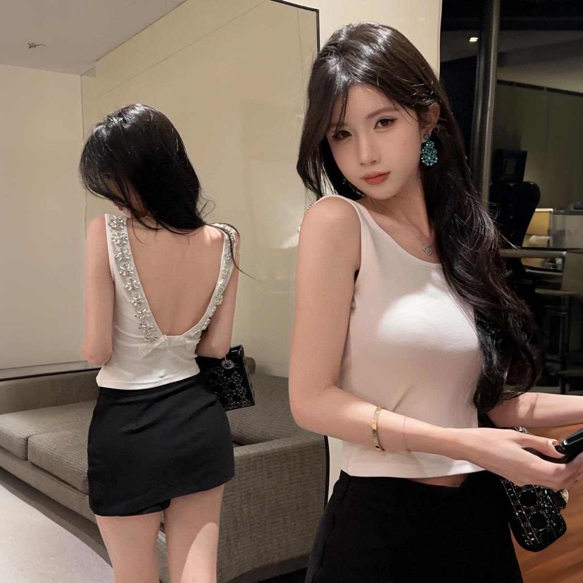 RY5# 甜美小香风气质重工钉钻蝴蝶结大露背吊带背心短款上衣