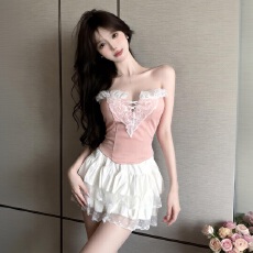 批发实拍实价  纯欲风韩系蕾丝花边针织抹胸上衣甜美高腰蛋糕短裙<b class='q'>套装</b>