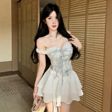 批发实拍实价 纯欲风甜美碎花抹胸背心收腰外穿<b class='q'>上衣</b>蛋糕<b class='q'>裙摆</b>短裙套装