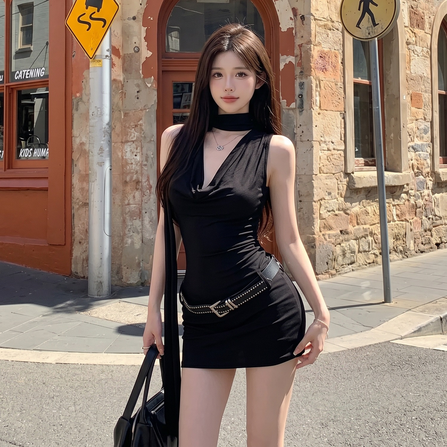 BY27905# 纯欲辣妹收腰无袖荡领连衣裙黑色设计感挂脖飘带包臀短裙配腰带  服裝批發女裝批發服飾貨源