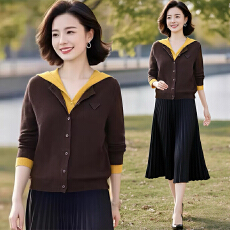 批发超好看连帽长袖针织<b class='q'>开衫</b>2025秋季新款显瘦时尚减龄假两件毛衣女