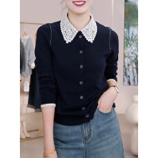 批发<b class='q'>妈妈装</b>蕾丝领假两件针织开衫女2025秋冬新款气质休闲显瘦长袖上衣