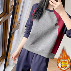批发秋冬设计感女士时尚<b class='q'>气质</b>加绒加厚卫衣女2025复古别致时尚拼色上衣