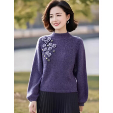 批发精致立体花朵长袖减龄独特毛衣套头2025冬季女士优雅<b class='q'>妈妈</b>装<b class='q'>针织衫</b>