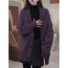 批发复古V领<b class='q'>中长款</b>紫色加厚针织开衫女2025年秋冬宽松休闲单排扣外套