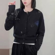 批发黑色涂鸦巨好看针织开衫毛衣2025秋冬高级感圆领针织开衫软糯外套