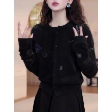 批发韩版单排扣长袖2025秋冬高级感圆领针织卡通涂鸦时尚减龄圆领针织