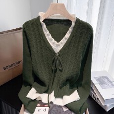 批发<b class='q'>气质</b>优雅V领假两件针织衫毛衣秋冬显瘦绿色复古木耳边内搭打底衫