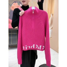 批发保暖半拉链<b class='q'>立领</b>玫红色针织衫毛衣2025秋冬简约提花字母针织衫上衣