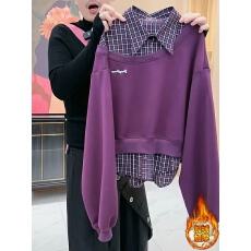 批发独特漂亮假两件拼接卫衣<b class='q'>女长袖</b>衬衫领秋冬紫色小众polo领显瘦长袖