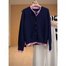 批发秋冬撞色连帽假两件针织开衫女高级穿搭漂亮开衫外套拼接毛衣欧货