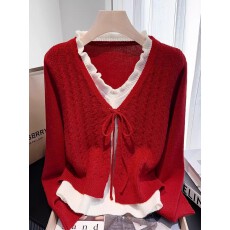 批发优雅气质V领假两件针织衫毛衣秋冬显瘦红色复古木耳边内搭<b class='q'>打底</b>衫