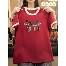 批发欧货小众设计感蝴蝶结烫钻短袖T恤2026新款百搭宽松撞色T恤女夏季