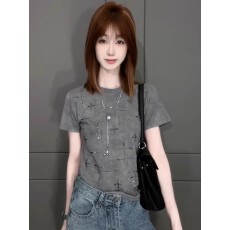批发2026夏季新款高街风星芒烫钻亮片灰色短袖女T恤女设计感洋气套头