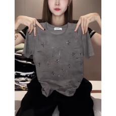 批发灰色轻奢烫钻亮闪闪纯棉短袖T恤女2026年新款设计感小众时尚上衣