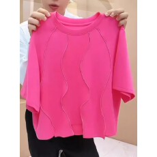 批发欧版遮肚韩版别致T恤衫2026夏季休闲立体拼接玫红色宽松套头短袖