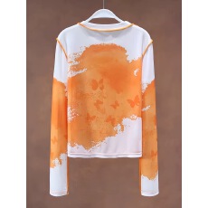 批发橘色水墨画扎染双层网纱打底衫<b class='q'>T</b><b class='q'>恤</b>女2026春秋季<b class='q'>个性</b>时髦透气长袖