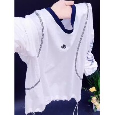 批发早春韩系穿搭设计感明线装饰长袖T恤学院风百搭<b class='q'>宽松</b>撞色圆领上衣