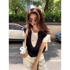 批发韩系chic叠穿短袖<b class='q'>t</b><b class='q'>恤</b>春夏季独特超好看设计感短款假两件正肩上衣