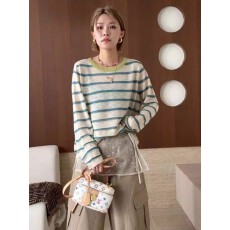 批发春夏季多巴胺条纹撞色圆领百搭针织衫女2026欧货女装<b class='q'>宽松</b>显瘦上衣