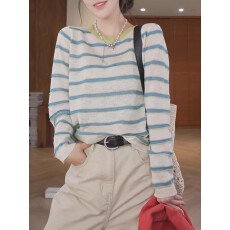 批发春夏季松弛感条纹针织衫女长袖2026新款圆领套头<b class='q'>宽松</b>显瘦百搭上衣