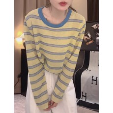 批发春夏季条纹撞色圆领针织长袖t恤女2026新款时尚<b class='q'>宽松</b>休闲百搭上衣