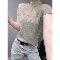 批发欧货气质半高领灰色<b class='q'>针织衫</b>短袖拼接洋气小众百搭修身立领打底小衫