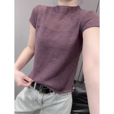 批发夏季薄款紫色半高领短袖针织T恤女2026新款独特<b class='q'>气质</b>显瘦透气上衣