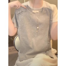 批发法式蕾丝拼接烫钻T恤女装好看穿搭夏季新款大码胖mm宽松显瘦短袖