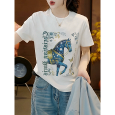 批发重工烫钻蓝马印花潮牌短袖T恤2026春夏新款宽松洋气百搭显瘦上衣