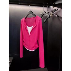 批发别致<b class='q'>个性</b>收腰撞色薄款长袖防晒打底衫韩系玫红色气质女装套头<b class='q'>T</b><b class='q'>恤</b>