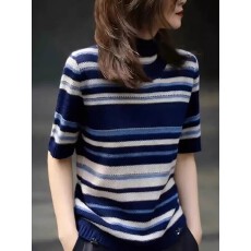 批发春夏欧货气质拼色条纹设计半高领短袖2026新款时髦大气大码上衣女
