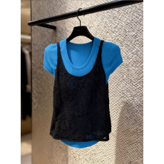 批发2026春夏新款韩系时尚休闲套装女装简约蓝色短袖<b class='q'>T</b><b class='q'>恤</b>叠穿吊带背心