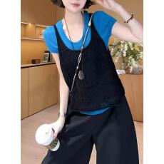 批发2026高级感蓝色短袖<b class='q'>T</b><b class='q'>恤</b>叠穿吊带背心女春夏新款时尚休闲套装女装