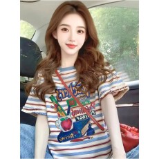 批发韩系甜美条纹字母印花短袖T恤女士2026夏季新款宽松百搭休闲上衣