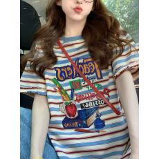 批发复古条纹大码字母印花短袖T恤2026夏季超火减龄绝美巨好看上衣