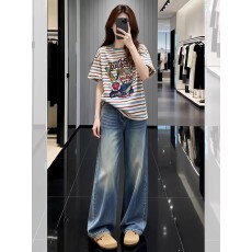 批发学院风印花条纹短袖宽松休闲女T恤夏季新款遮肉显瘦设计感上衣女