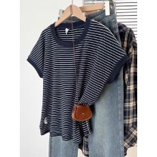 批发<b class='q'>欧洲站</b>高端2026夏季<b class='q'>新款</b>气质藏青色条纹女装短袖高级感穿搭上衣