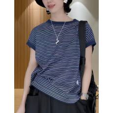 批发夏季时尚洋气欧货条纹纯棉正肩短袖T恤女宽松大码遮肚子显瘦上衣