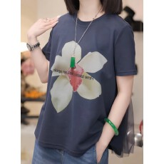 批发高级感网纱拼接印花短袖T恤女2026夏大码气质显瘦设计感别致上衣
