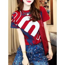 批发2026夏季少女街头休闲风字母印花短袖T恤女红色撞色宽松百搭上衣