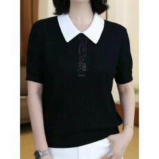 批发高级感Polo领短袖针织衫2026春夏新款时尚撞色百搭<b class='q'>通勤</b>黑色上衣女