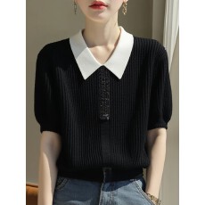 批发春夏小众减龄洋气显瘦短袖女士上衣设计感亮片Polo领时尚针织T恤