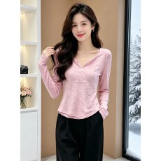 批发轻薄舒适减龄粉色显瘦女装长袖<b class='q'>T</b><b class='q'>恤</b> 防晒衫上衣韩系v领薄款打底衫