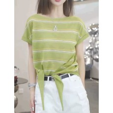 批发微胖女生<b class='q'>两件套</b>装穿搭夏季别致条纹针织短袖绑带上衣+五分工装裤