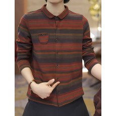 批发条纹翻领长袖休闲显瘦<b class='q'>衬衫</b>上衣2026年秋季大码女装胖MM气质显瘦