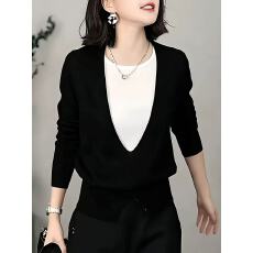 批发小众气质假两件V领<b class='q'>女</b><b class='q'>针织衫</b>秋季新款黑色时尚设计感宽松长袖上衣